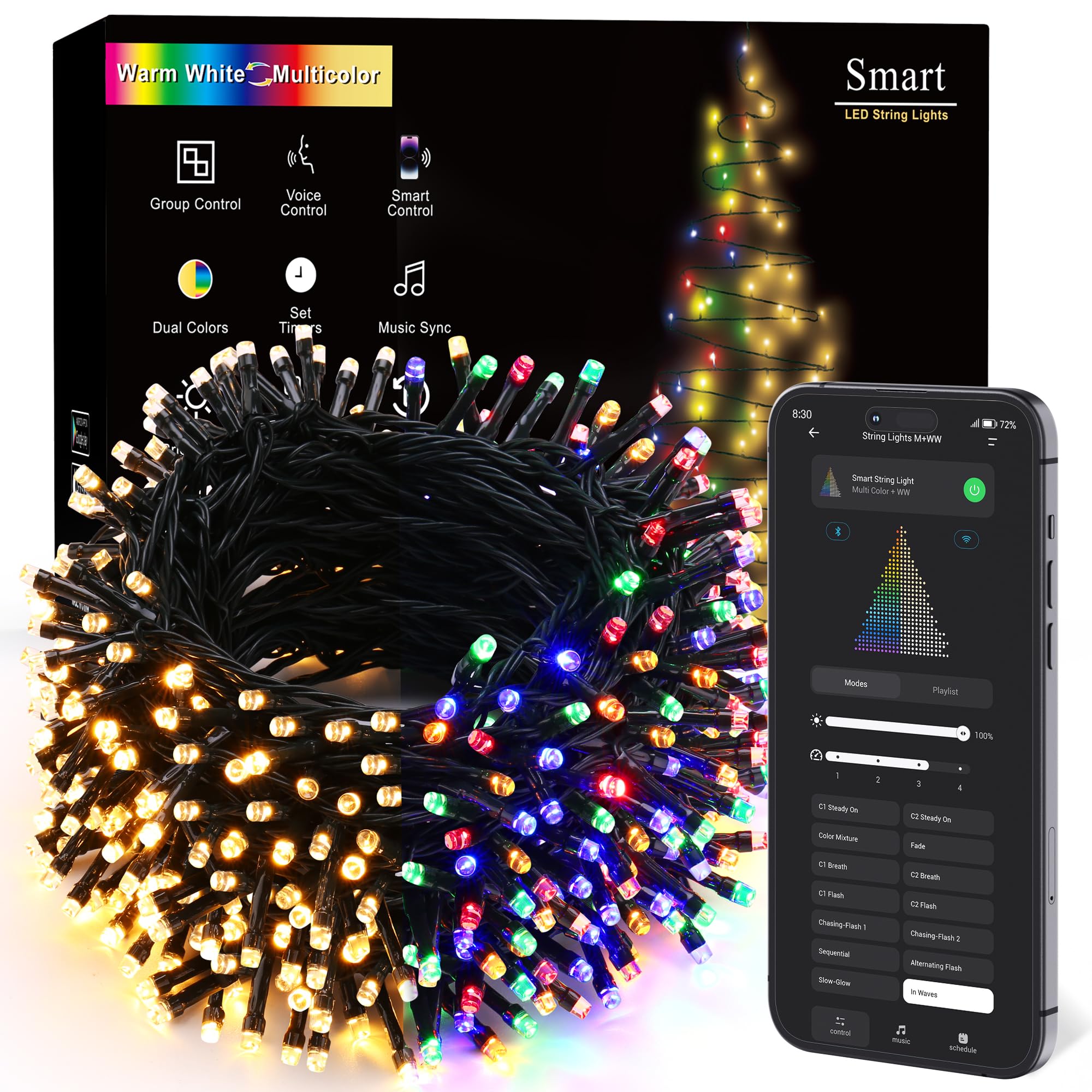 BrizLabs Smart Christmas Lights, 180FT 500 LED Color Changing Christmas Lights with App/Voice Control, Dimmable Warm White & Multicolor Mini Light String, Decorative Xmas Light for Indoor Outdoor Tree